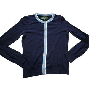 C Wonder Navy Cardigan with Stripes Size Medium Button Up 100% Cotton